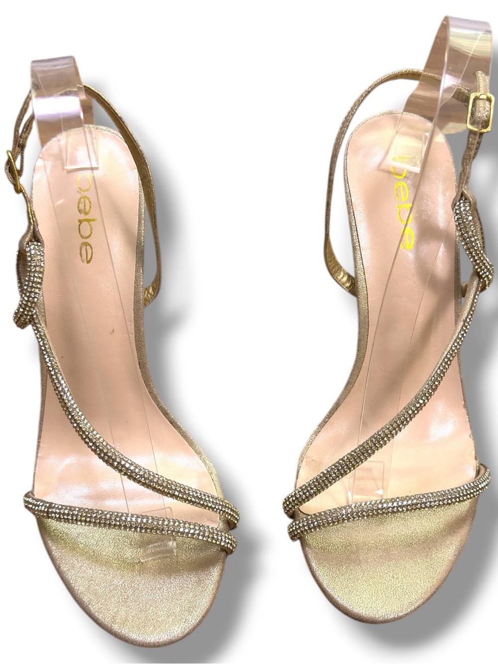bebe Gold Rhinestone Strappy Evening Heels